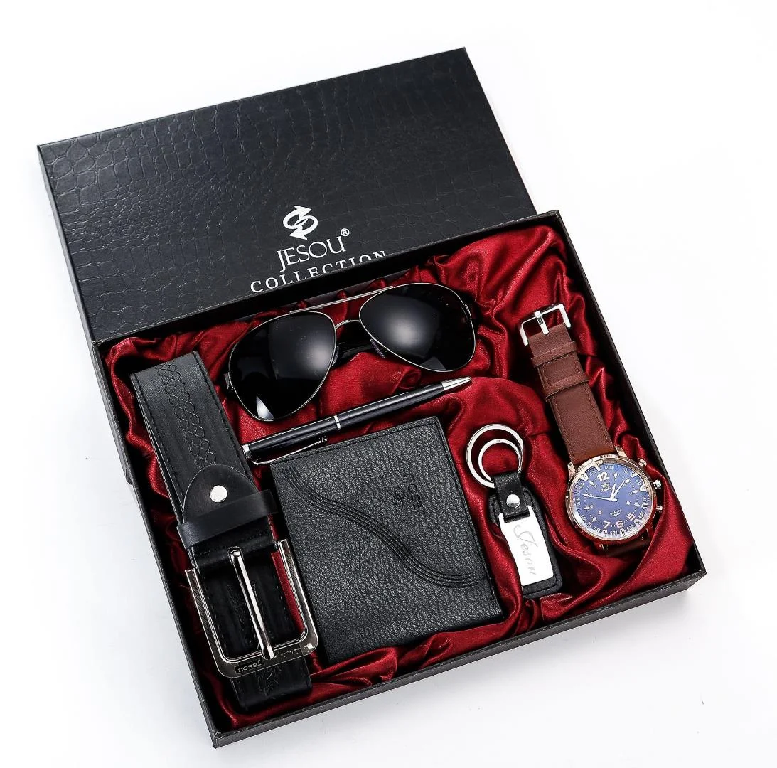 6 Pieces Set Wallet Gift Set Fashion Belt Watch Keychain Sunglass Pen Business Men Short Wallet Set