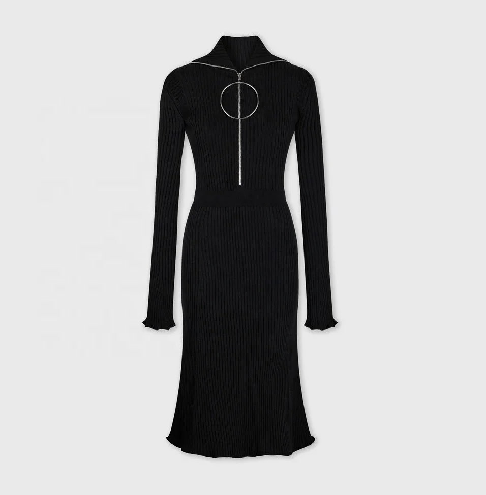 FYB Autumn Rib Knitted Pure Color Zip Fashion Hot Sale Long sleeves Sexy Women Dress
