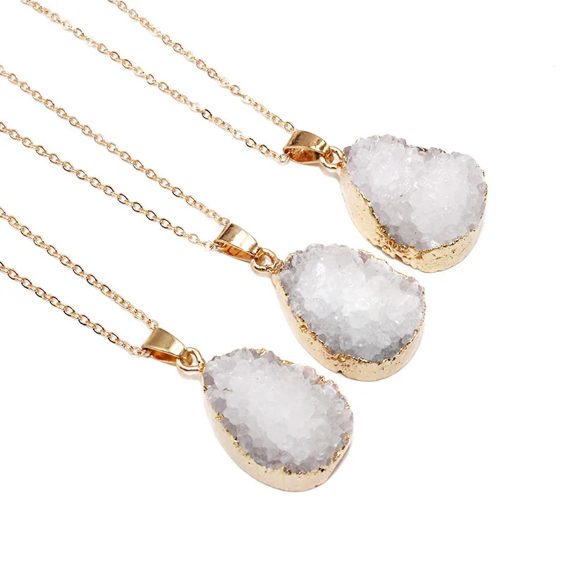 Variously shaped gold plated crystal pendant jewelry druzy agate natural stone heart necklace white cluster gemstone necklace