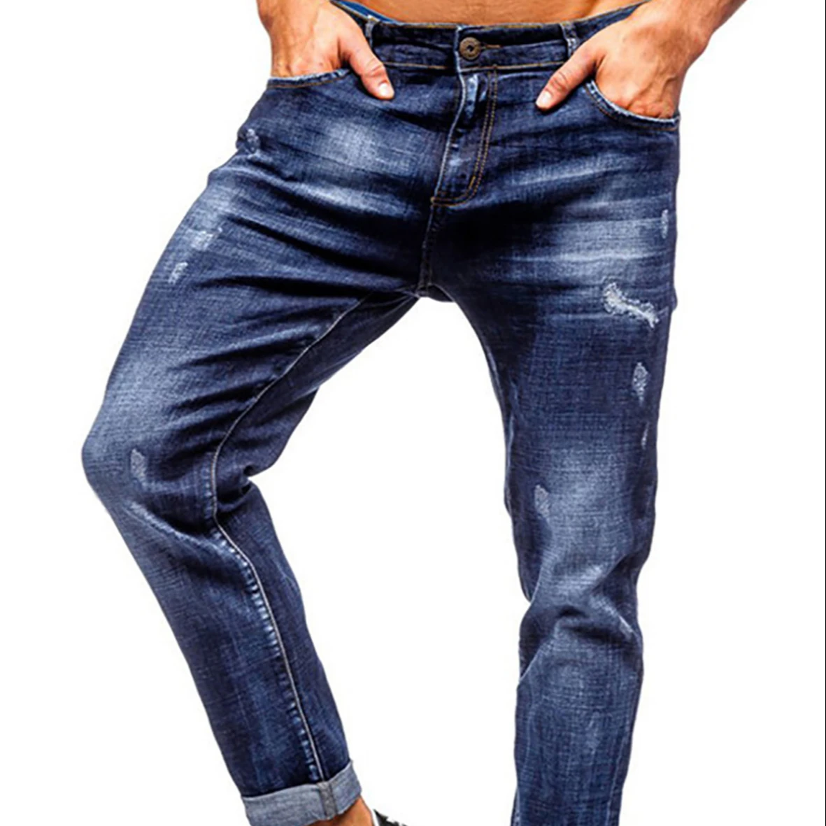 
Hot Sale 2021 Fashion Distressed Blue Jeans Wash Style Casual Mid Waist Jeans Pants With Pockets Jeans For Men Stylish 