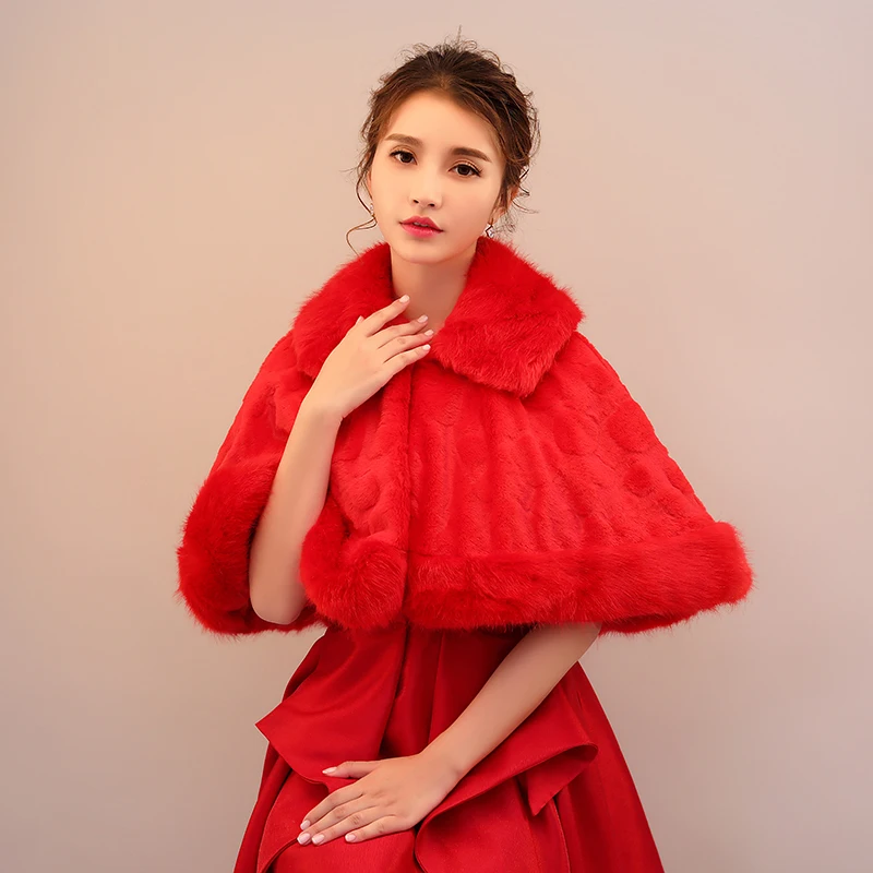 
Red short thick fur collar shawl new bride wedding accessories wholesale hot winter new plush shawl 