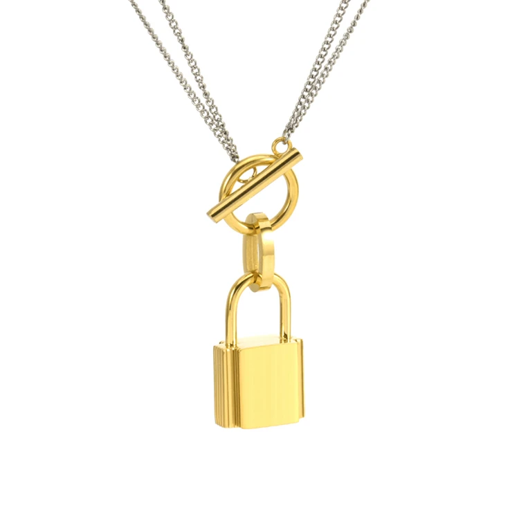 Custom Wholesale New Arrival Gold Plated Stainless Steel Trendy Waterproof Engrave-able Designers Lock Charm Necklace