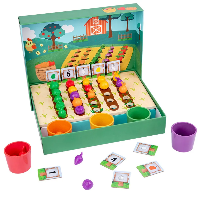 Wooden Vegetable Farm Fruit Color Recognition Classification Cup Kindergarten Logic Training Number Game