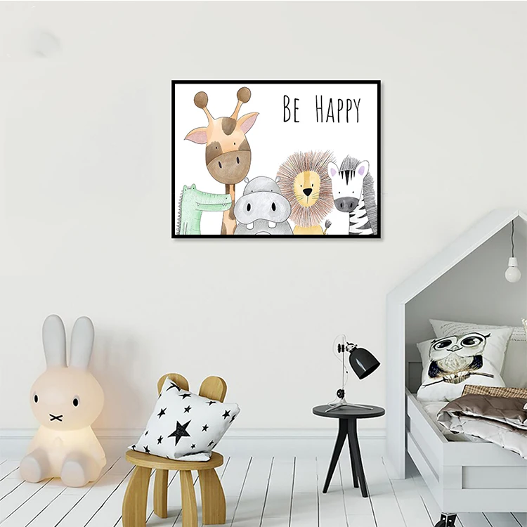 Картина на холсте для детской комнаты Be Happy постер с животными гиппопотамом жирафом обезьяной львом домашний