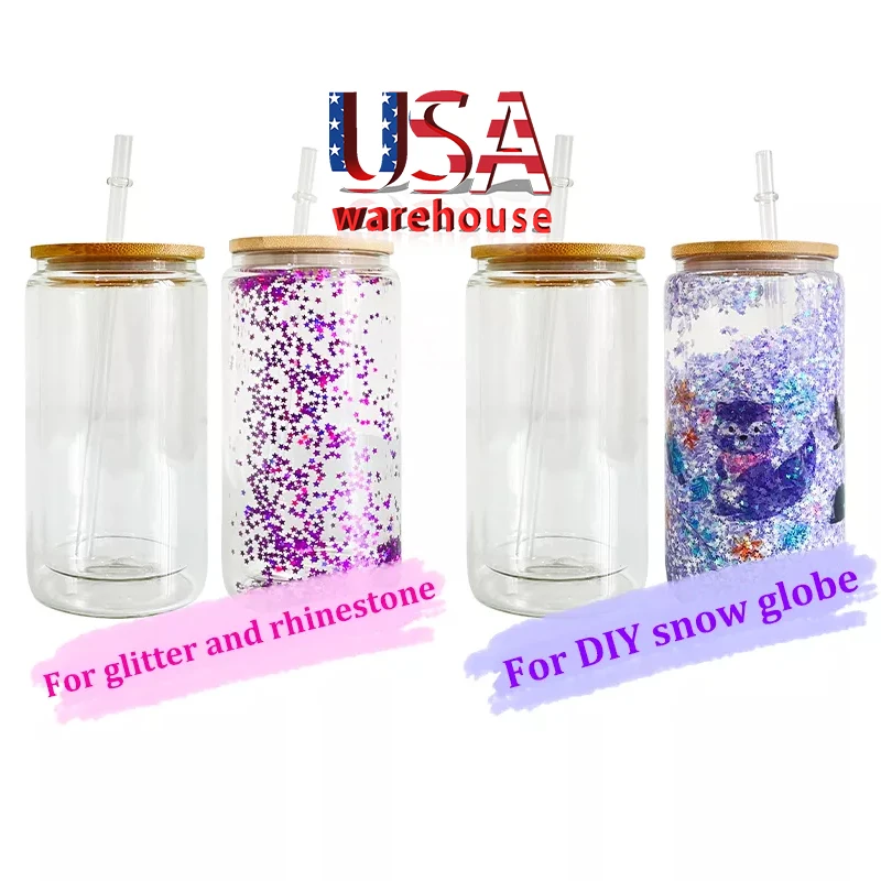 Usa Warehouse 20 Oz 16 Oz Double Wall Sublimation Snowglobe Glass Clear Soda Beer Can Cup Jar With Bamboo Lid And Straw
