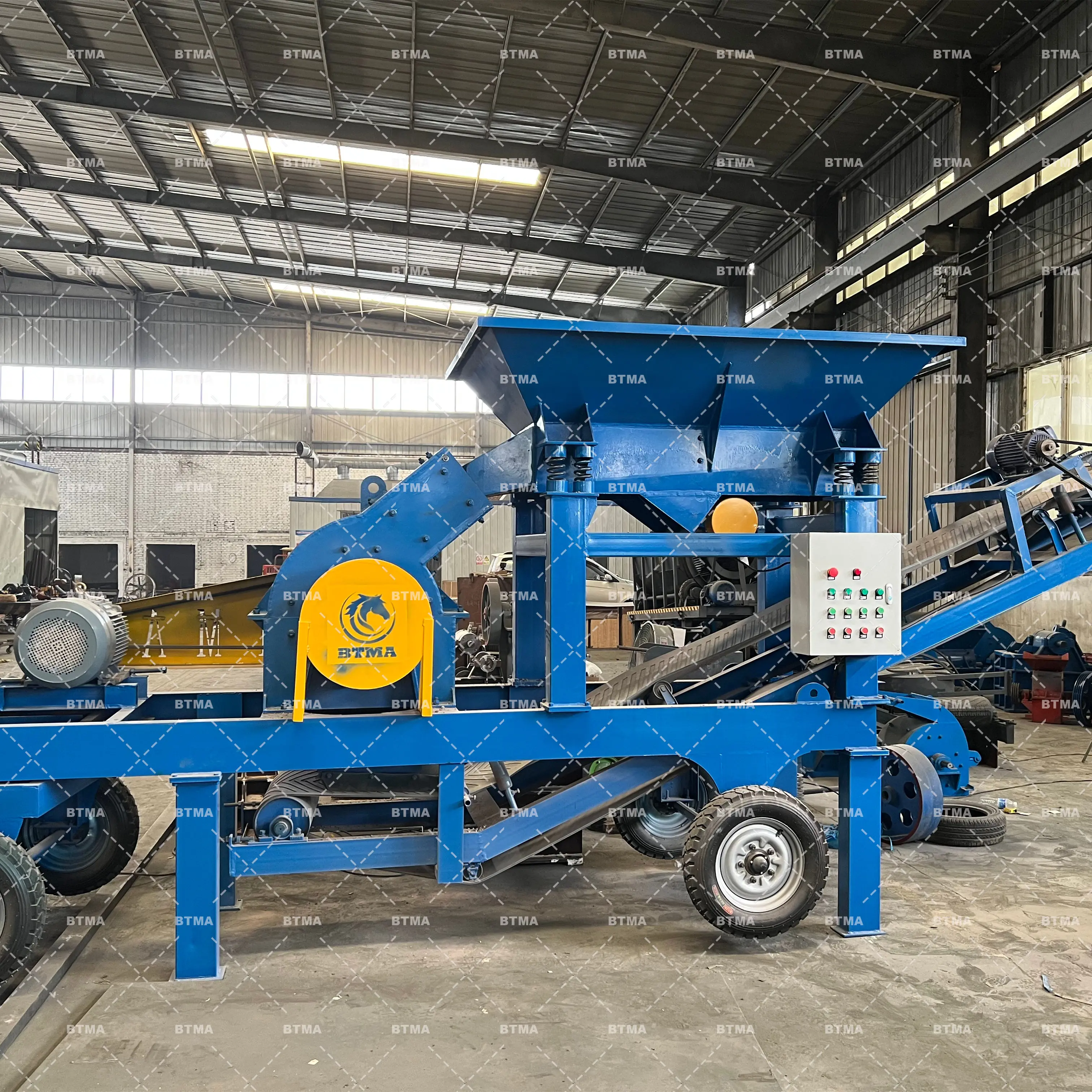 BTMA--River Stone Pebble Stone Sand Making Plant Portable Mobile Motor Type  Hammer Crusher With Feeder
