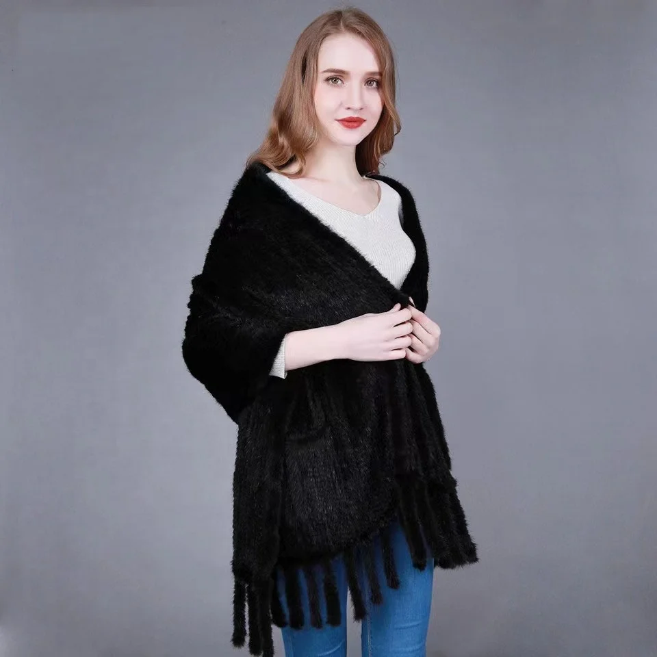 Hot sale   Fashion  Natural  fur  scarf     Mink   fur shawls for women   hand knitted shawl