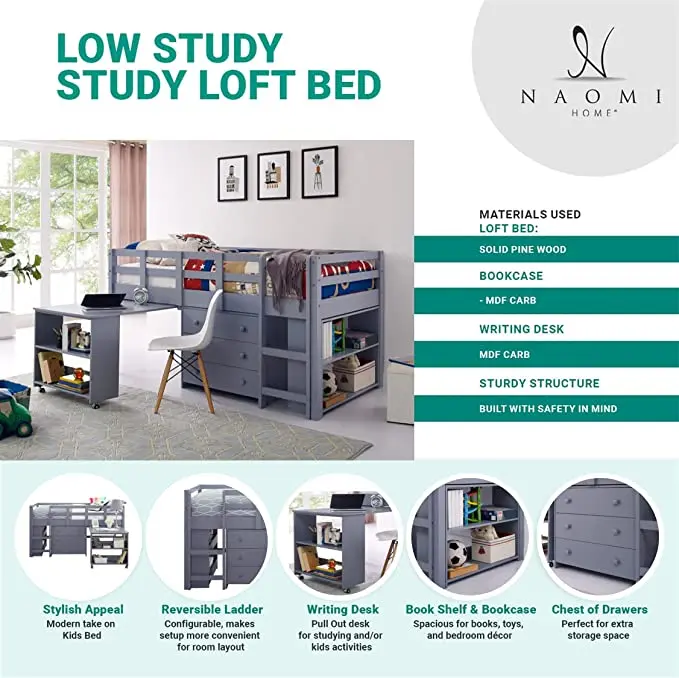 Twin Size Loft Bed with Desk Study Kids Storage Low Loft Bed Twin for Kids with Cabinet Ladder Safety Guard Rails Bookcase Shelf