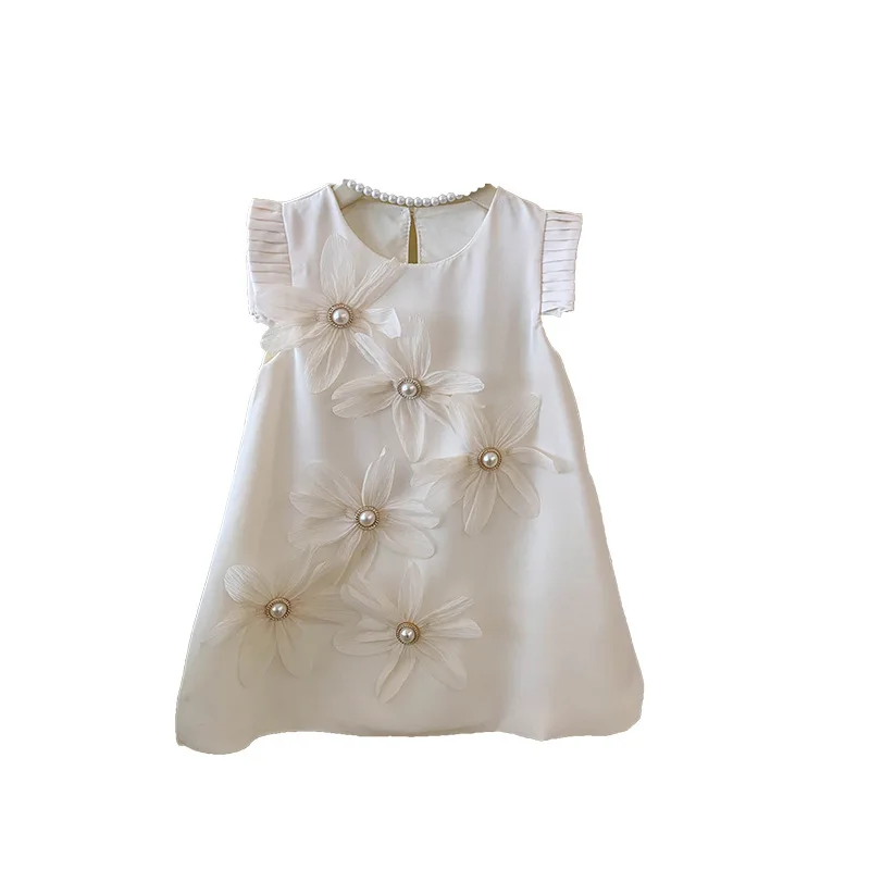 2024 New Fashion Toddler Girl Pearls Flowers Sleeveless Beige Dress 2-6 Years
