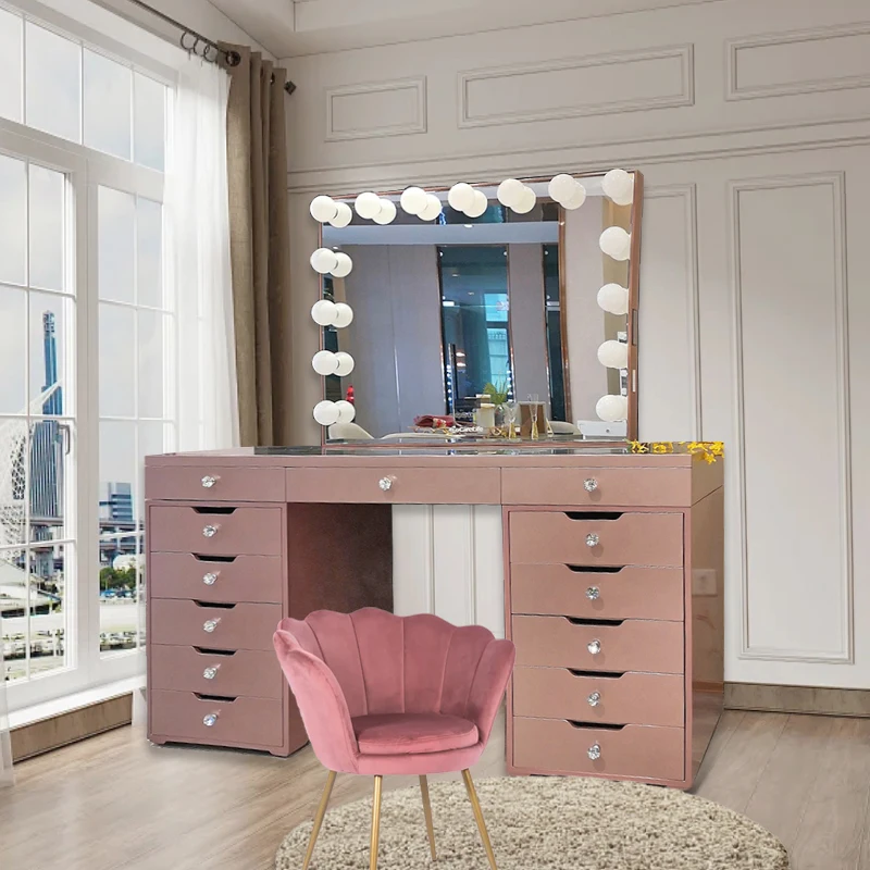Wedding Beauty Shop Pink Wooden Drawer Makeup Chest with Bulb Vanity Mirror Clear Table Top Lots of Storage for Makeup Table