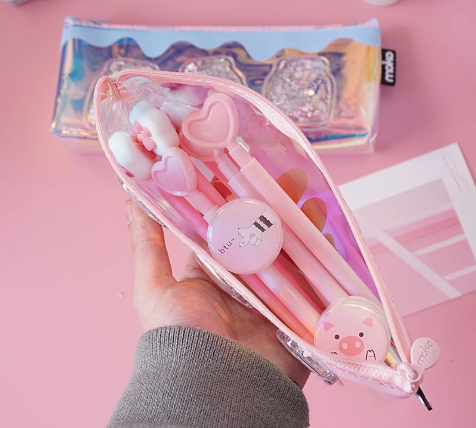 designer transparent pencil case glitter bags, clear pvc sequin pencil case zipper custom