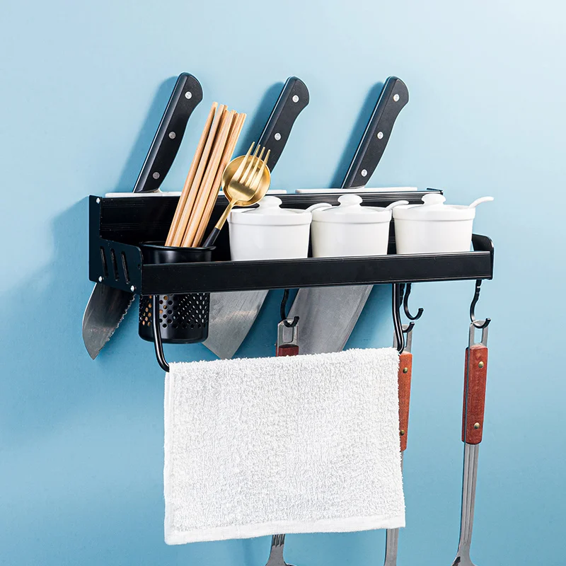 Kitchen Wall Hanging Black Space Aluminum Seasoning Bottle Punch-free Storage Rack Multi-function Shelf With Chopstick Holder