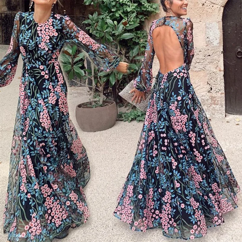 Long Sleeve Floral Print Vintage Floor Length Dress Sexy Transparent Backless Dress Women Long Evening Dresses