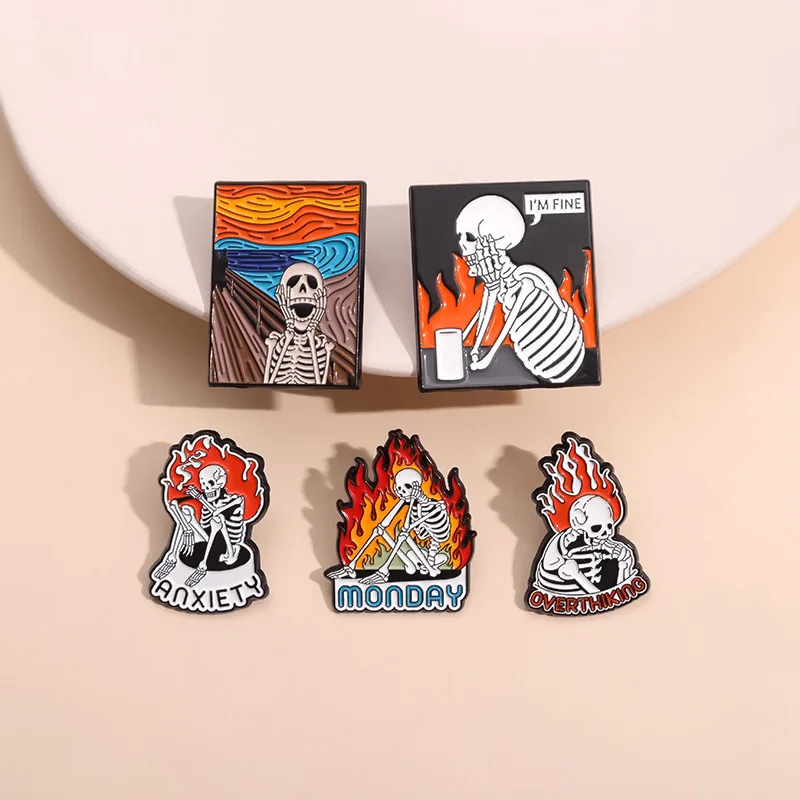 Funny I am fine anxiety skeleton alloy badge overthiking anxious death enamel pin