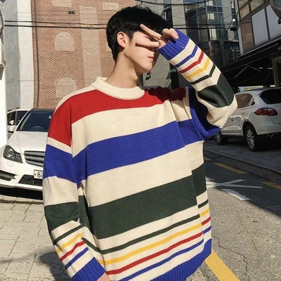 Rainbow Stripe Long sleeve European and American style sweater with Striped pattern and soft sweaters women