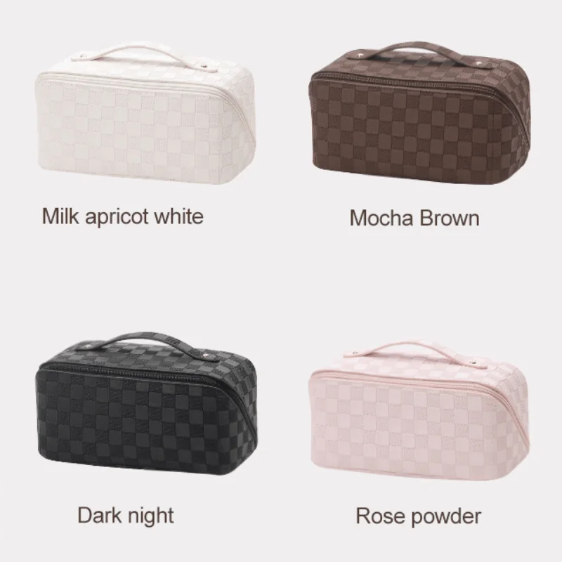 Black Large Capacity Travel Cosmetic Bag Portable Makeup Bags Travel Waterproof Leather Checkered Toiletry Bag for Women