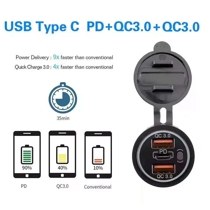 12V Dual QC3.0 Rapid Charger PD USB Triple Power Socket Electronic Accessories For Car Charger Socket