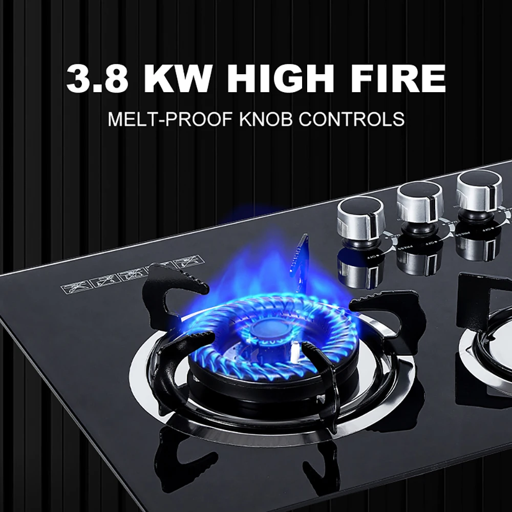 Professional Quality Custom Kitchen Built-in Glass Gas Stove Three Burner Cooktop Stove