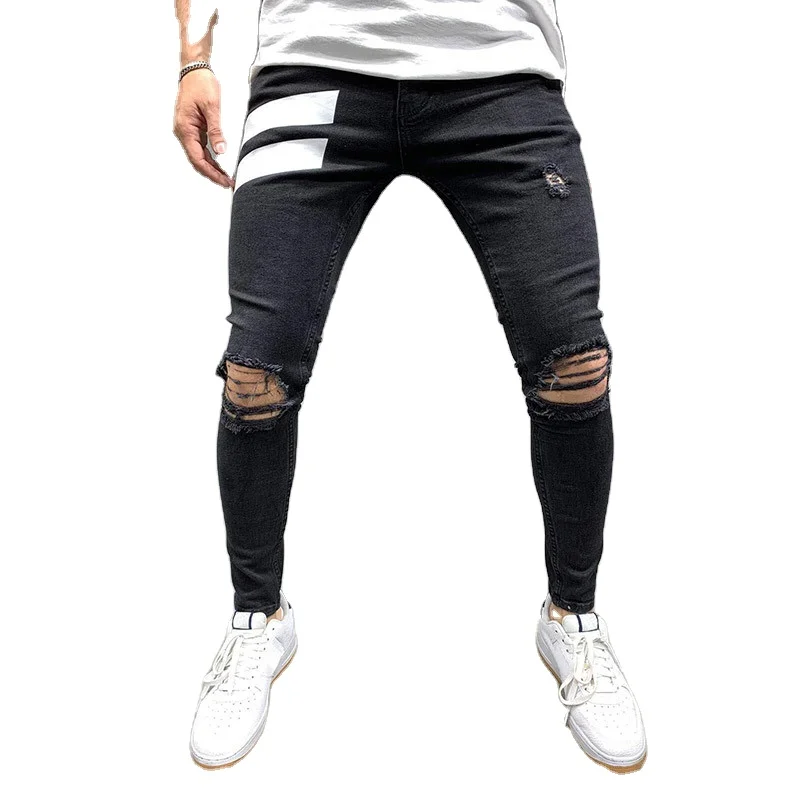 
Autumn/winter 2020 new ripped midriff jeans print stretch slim fit fashion jeans man 
