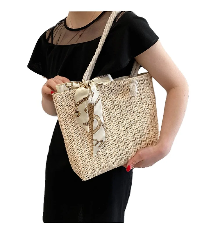 customized low price handmade woven weaving casual white woven  bow straw shoulder tote hand bag purse