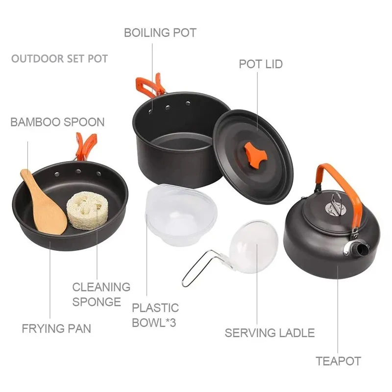 Factory Wholesale Multi-Color Outdoor Portable Cooking Pot Set Durable Ware Tea Pot and Pan Camping Cookware Sets