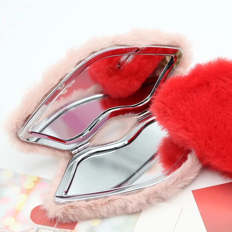 Hot Selling Cheap Small Mirror Plush Soft Lip Double Size Cosmetic Mirror Compact Pocket Beauty Mirror