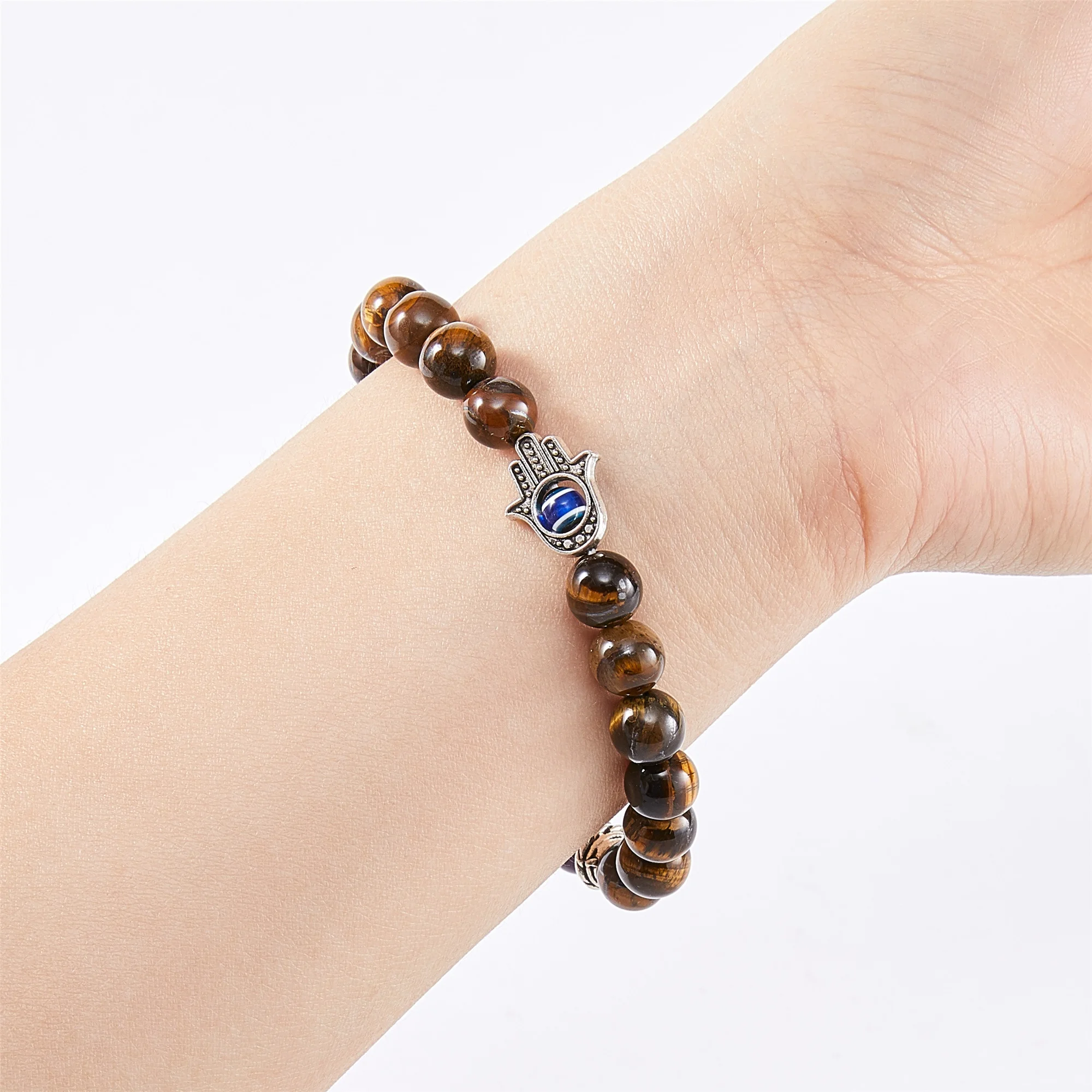 8mm Beads Bracelet Wholesale Men Natural Stone Hand Of Fatima Beaded Chakra Tiger Eye Bracelet