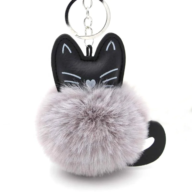 Cat Pom Pom Keychain PU Leather Animal Key Ring Furry Puff Ball Bag Hanged Holder Cat Fashion Promotion Gifts