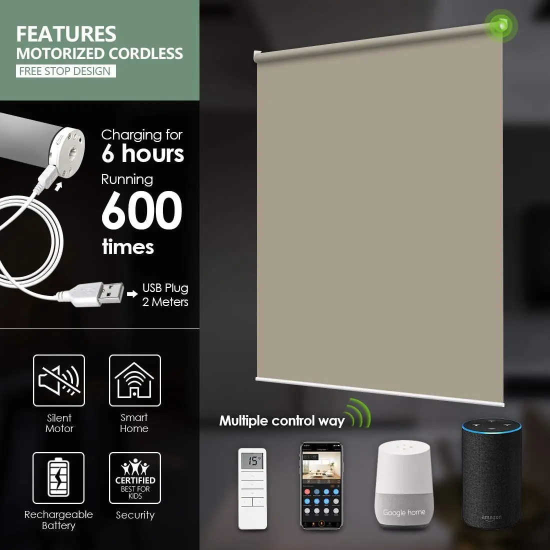 
Motorized Wireless Rechargeable Blackout Voice Control Window Shades Compatible With Wifi Box Smart Roller Blind 