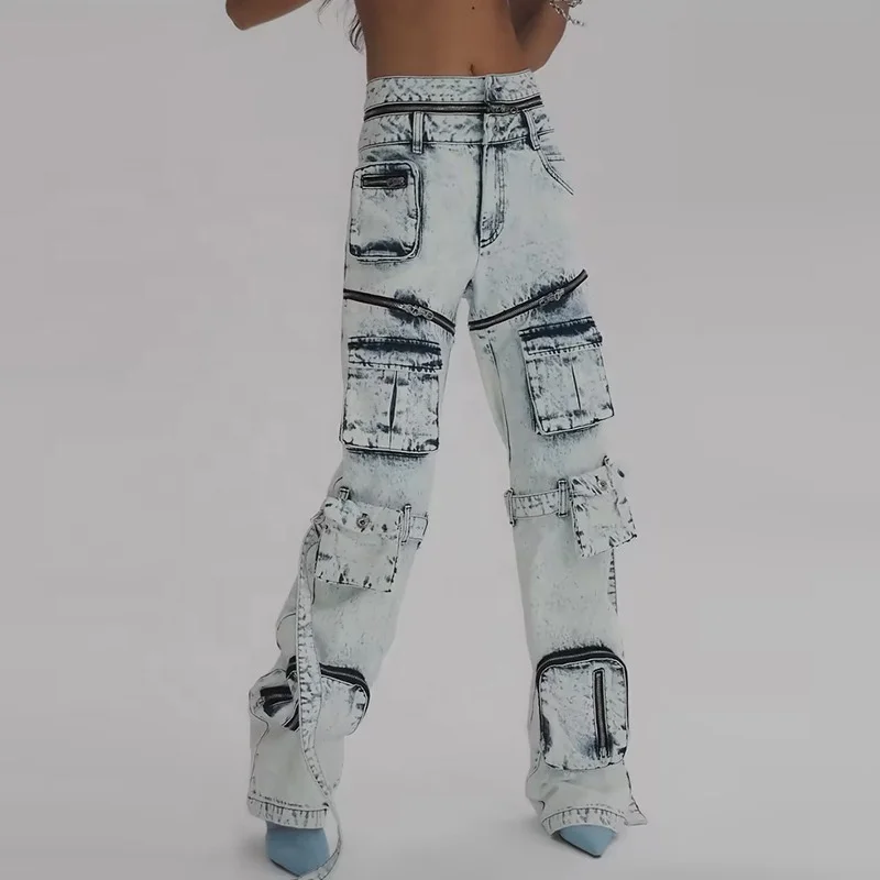 OUDINA Fashion Personality Hollow Deconstructed Pocket Denim Trousers Mujer Femmes Women Pants Cargo Jeans