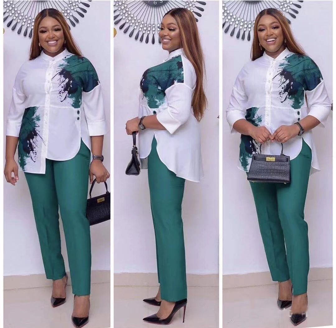 2 Piece Sets African Sets For Women New African Print Elastic Bazin Baggy Pants Rock Style Dashiki Sleeve Famous Suit For Lady