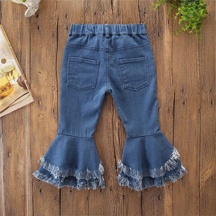 
Wholesale Customized Children Pants Denim Flared Blue Jeans for Girl Leopard Ruffle Ripped Jeans 
