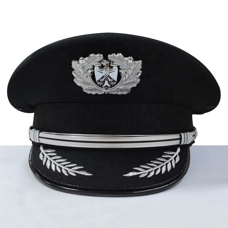 Custom Detachable Black Officer Uniform Dress Security Hat Commander Peaked Cap