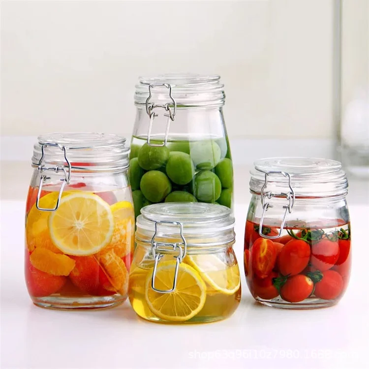 Manufacturer Empty Round Pickle Jam Fruit Wine Enzyme Jars 500ml 750ml 1 L Canning Sealed Glass Jar With Clip Lid