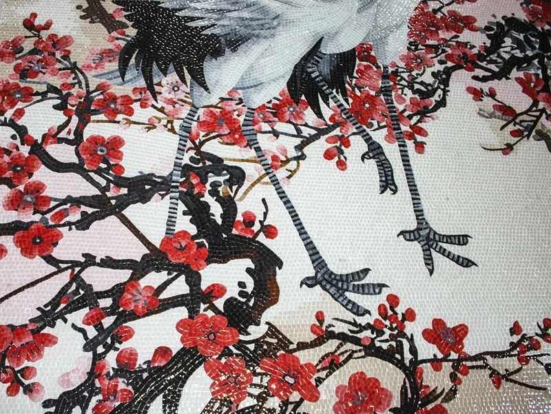 Factory chinese style Red-crowned crane flower glass tile mosaic mural patterns ceramic pieces for mosaics for decoration