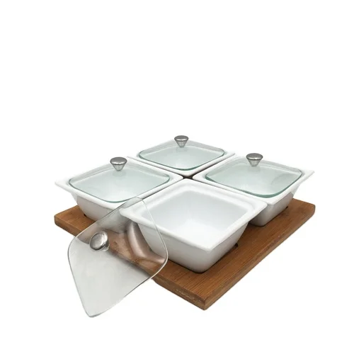 
White ceramic snack bowl set with glass lid 