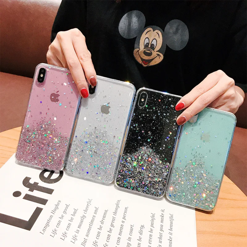 Hot Sale Bling Sequins Star Glitter Phone Case for iPhone 14 Girly Shining Transparent Cover for iPhone 13 12 11 7 8 X XR XS MAX