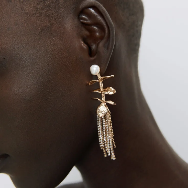 ZA new vintage metal leaf tassel earrings for women personality trend rhinestone party casual jewelry earrings