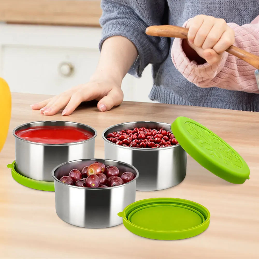 IKITCHEN Thermal Insulation Kids Lunch Box Stainless Steel Lunch Containers Baby Jar Bowl 3 Cups Green Lunch Box With Bottle