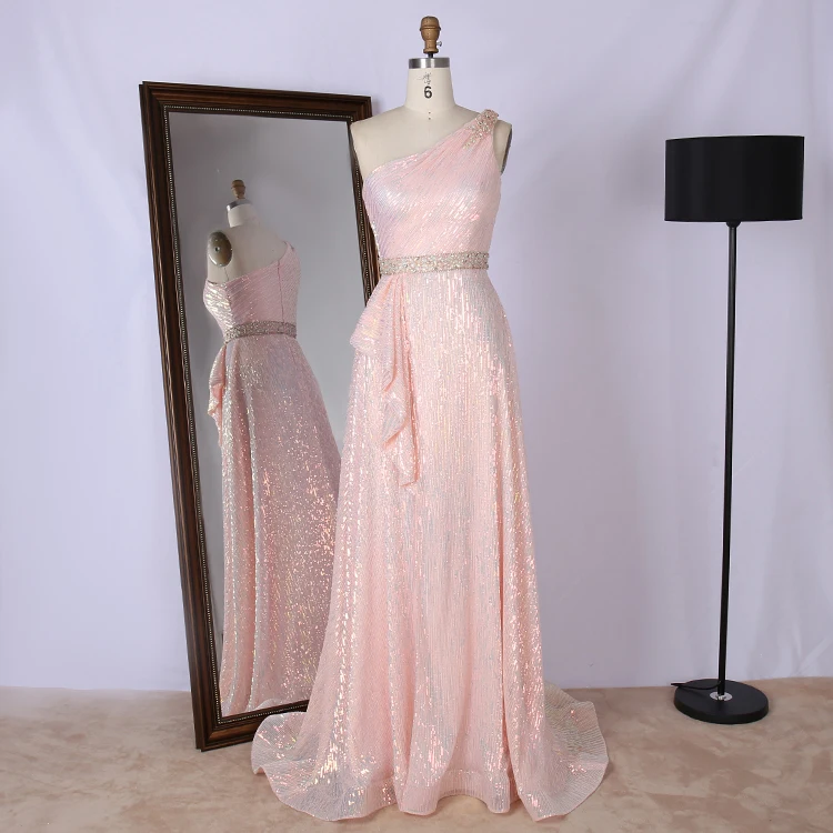 Оптовая продажа, роскошный пояс на одно плечо, украшенный бисером, розовое блестящее платье для выпускного вечера, женское платье для вечеринки