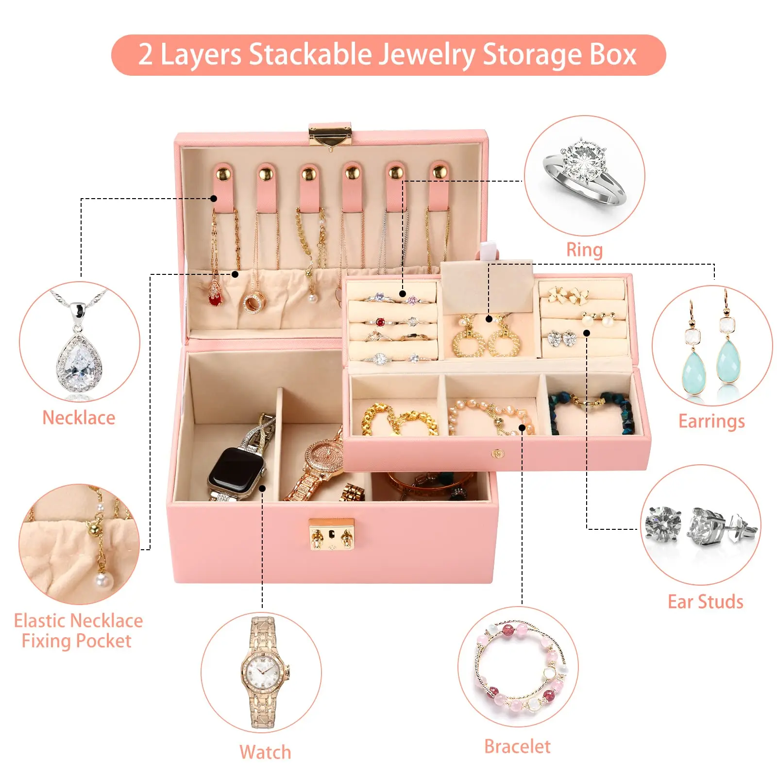 Jewelry Boxes Organizer for Women Girls Wife 2 Layers PU Leather Display Jewellery Holder  Removable Portable jewelry Case