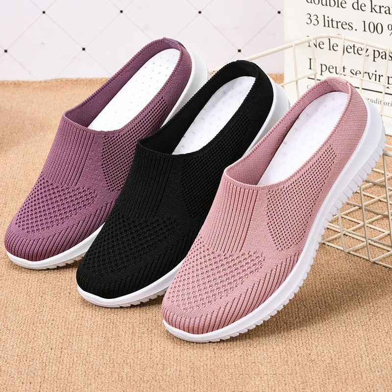 XRH Wholesale Mesh Knit Slippers Custom Logo Pink Walking Style Flats Shoes Purple Slip On Casual Shoes For Mother Women