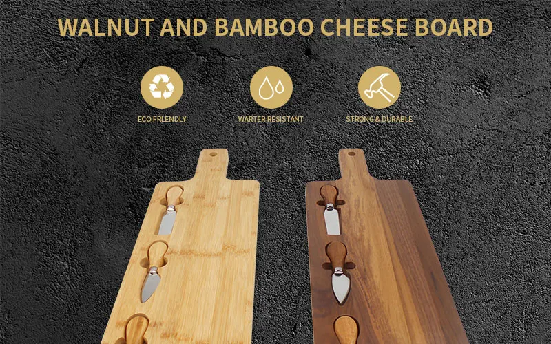 Walnut wood bamboo cheese serving cheese board serving tray with 3 piece knife set