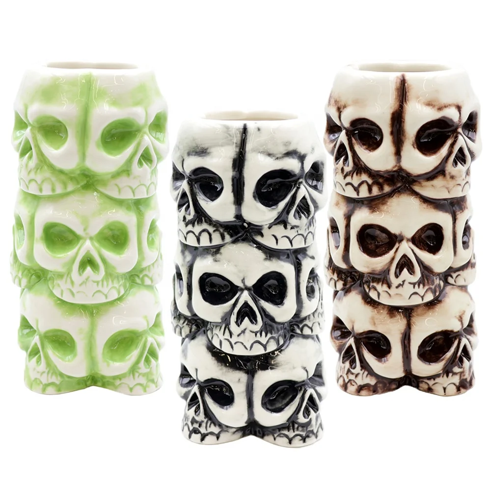 Индивидуальная цветная Высококачественная оптовая продажа Хэллоуин барная посуда скелет тематическая креативная керамическая уложенная кружка в виде черепа тики