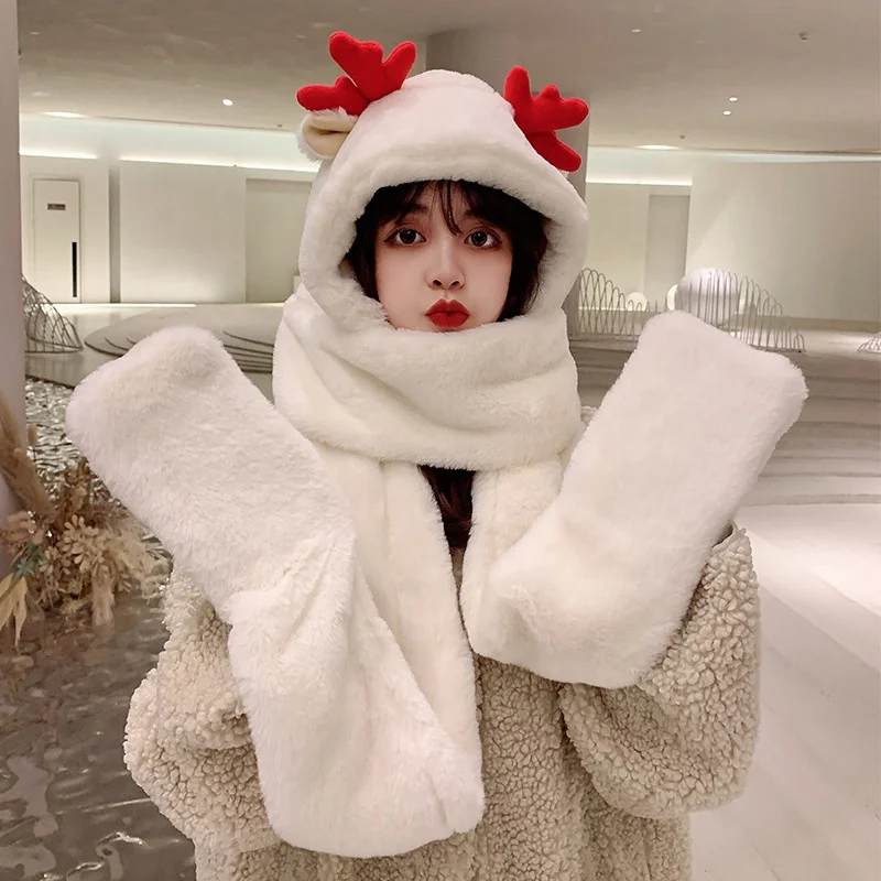 New fashion female winter outdoor adult plush warmth thick three-piece hat scarf set