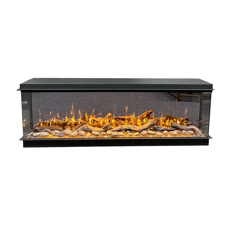 30-80 Inch3D Mirrored Crushed Diamond Fireplace Glowing Ember Bed Realistic LED Flame Insert 3 Sided Mirrored Electric Fireplace