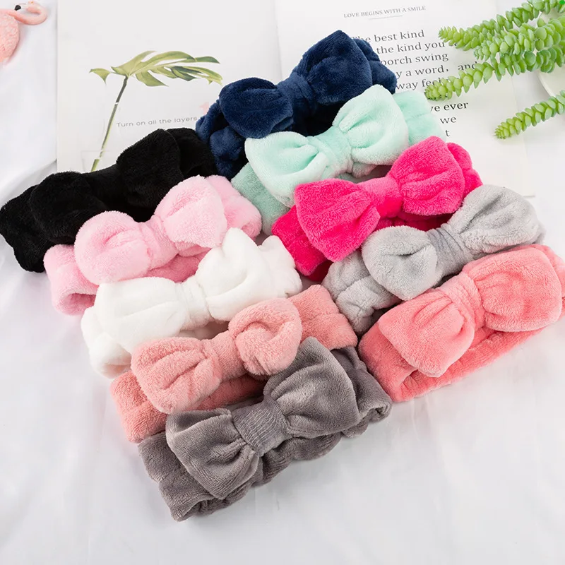 Customized Solid Color Fluffy Elastic Princess Bow Headbands For Washing Face