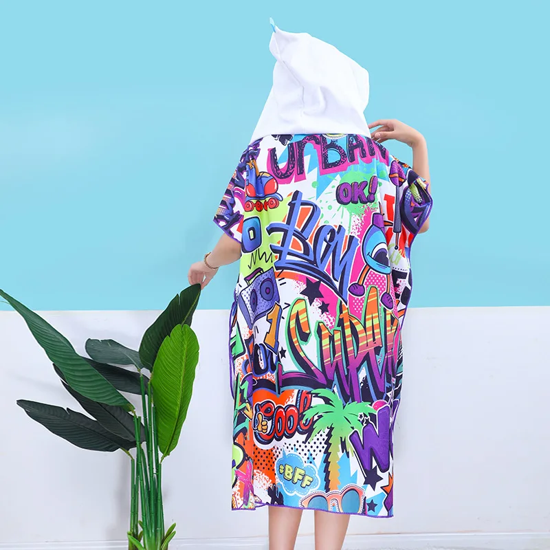 Custom Microfiber printed adults hooded towel surf poncho changing robe swimming pool change beach surf poncho towel