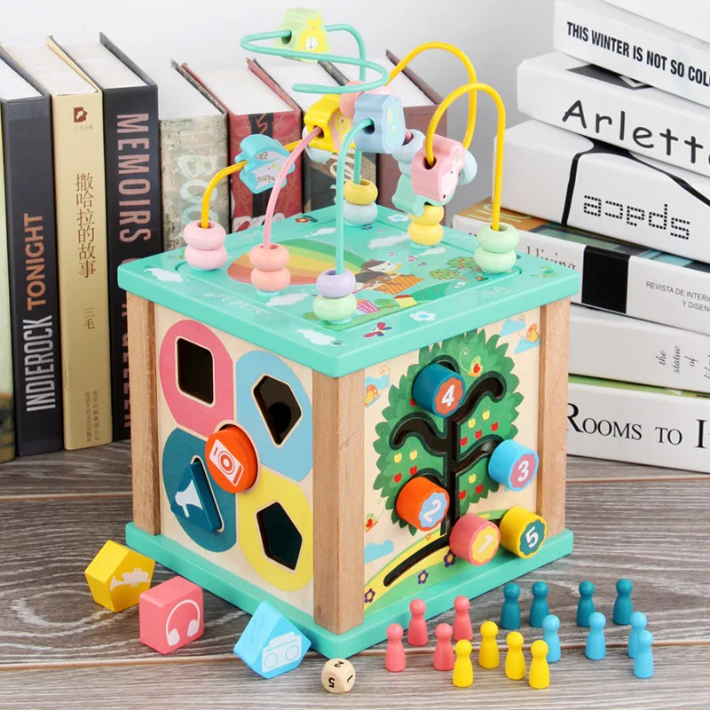 Multi-functional Wooden Activity Cubic Bead Maze Toys Babies Early Learning Multi-functional Toys Wooden Busy Box