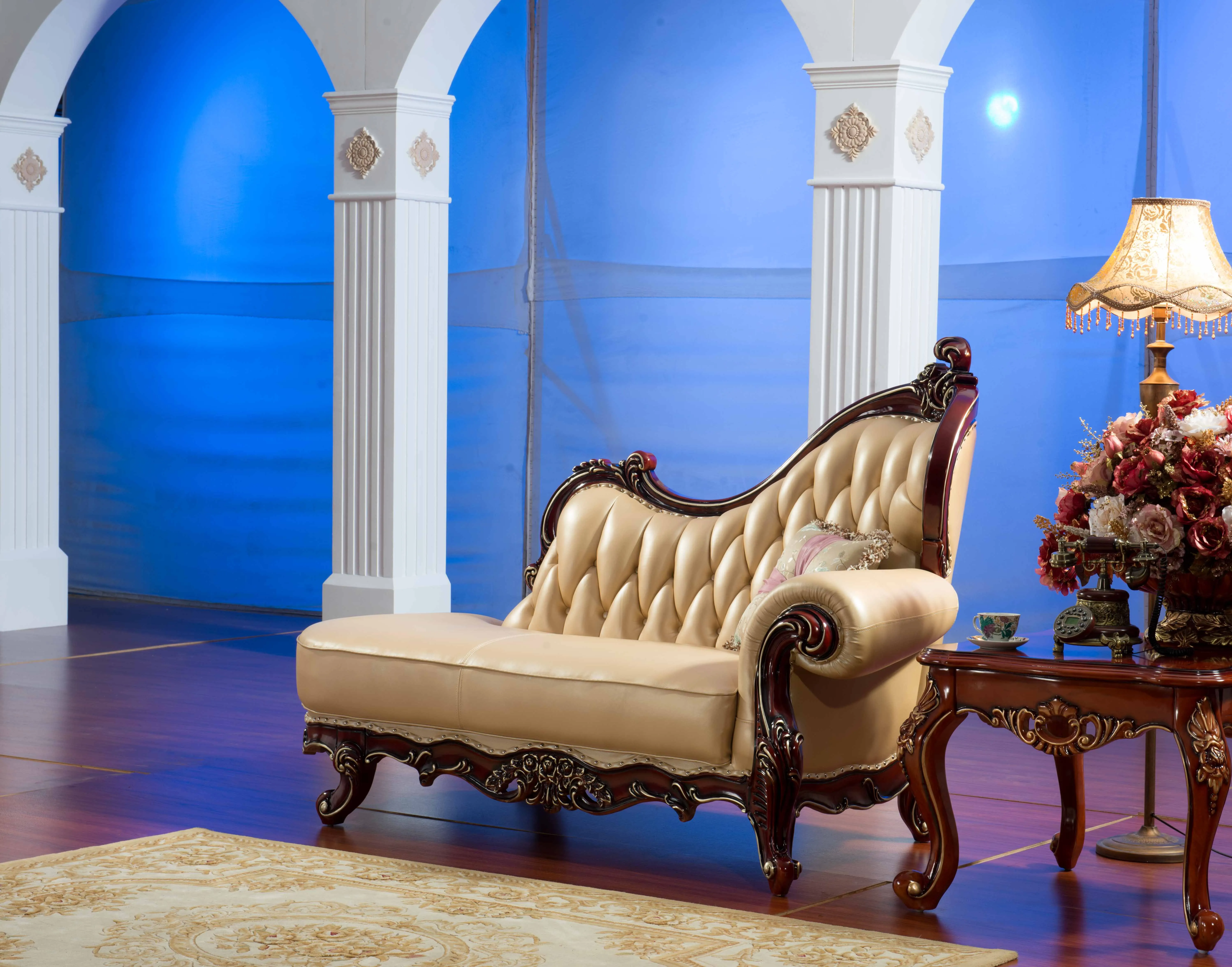 brown color solid oak wood European luxury cowhide leather sectional sofa, living room sofas